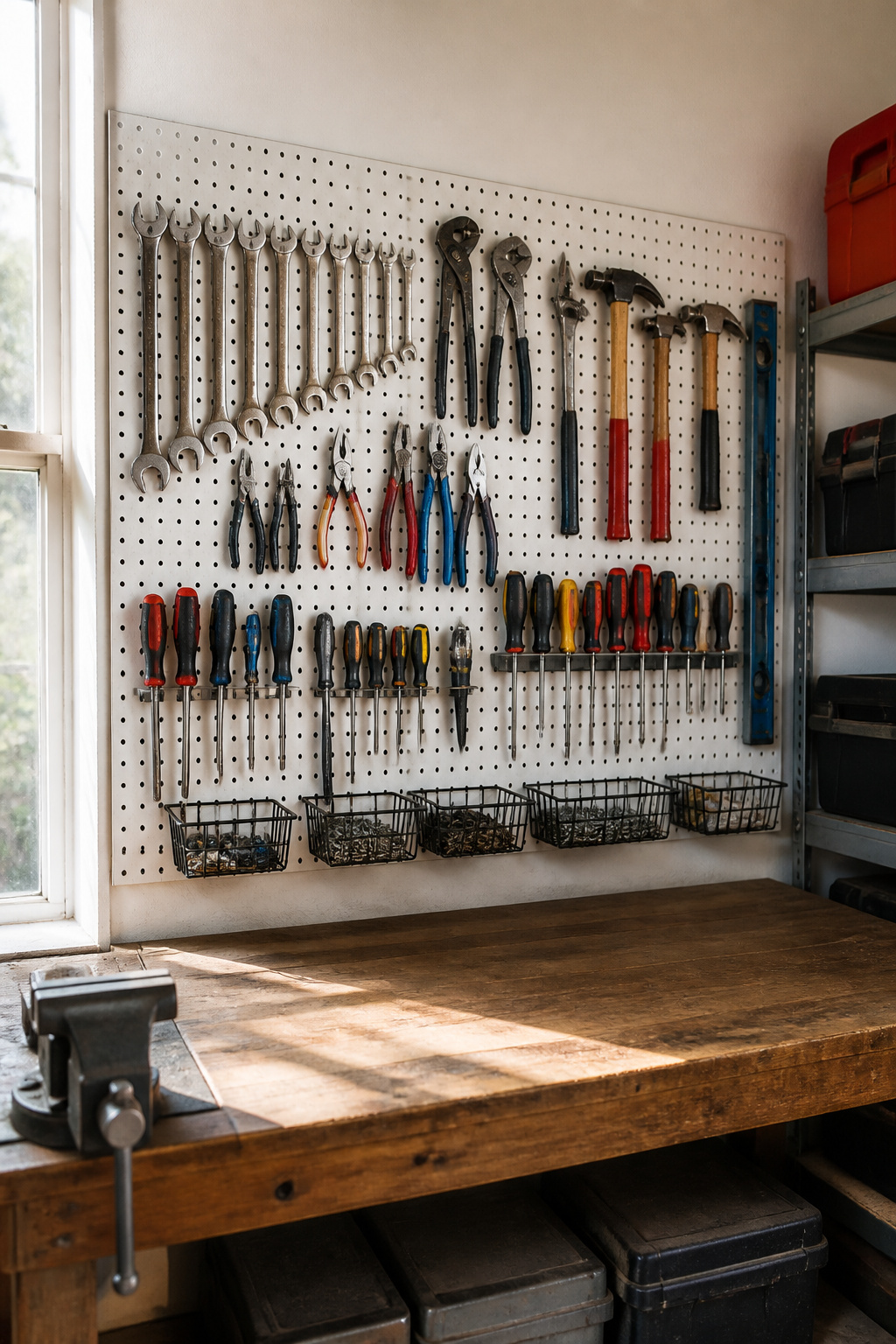 A pegboard mounted on a wall with hooks and tools arranged above a workbench.