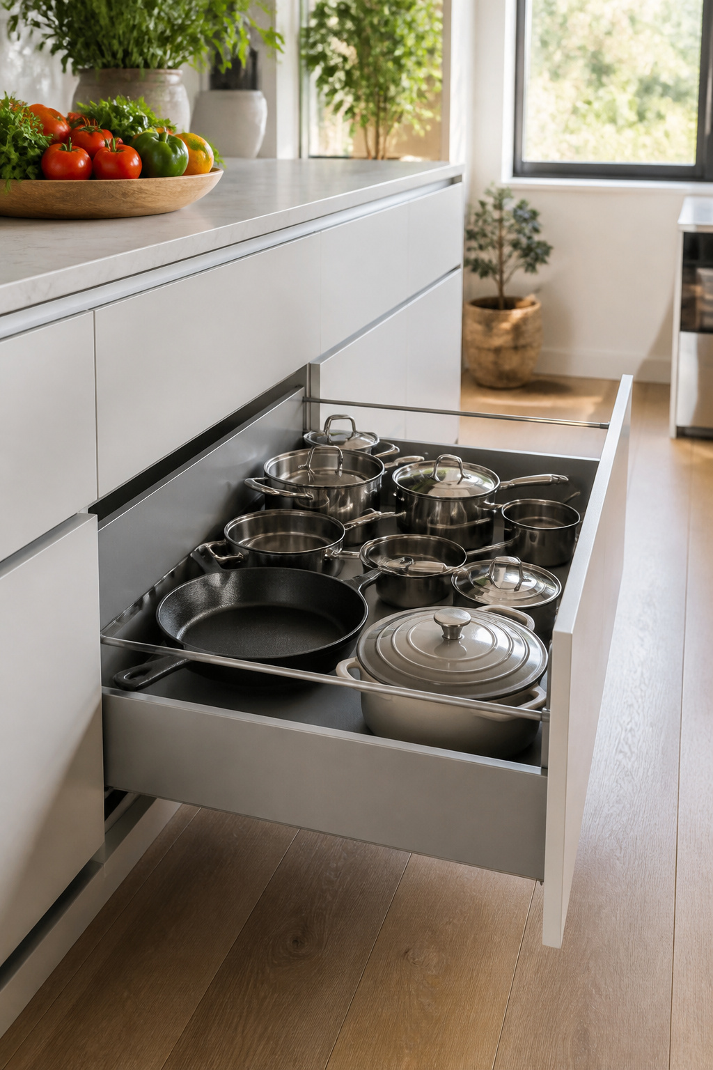 15 Kitchen Cabinet Drawer Ideas for 2026 2 Deep kitchen cabinet drawers designed for pots and pans storage.