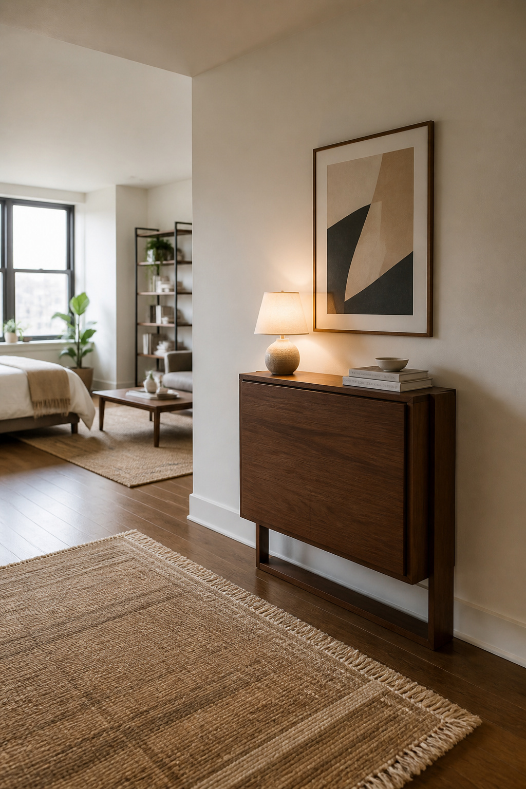 A fold-away desk and entryway storage tower in a small room.