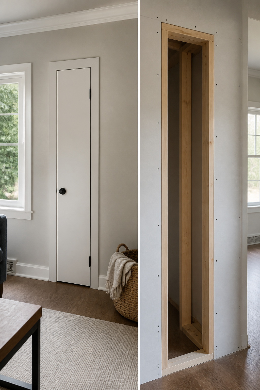 Broom closet built between wall studs with a clear opening.