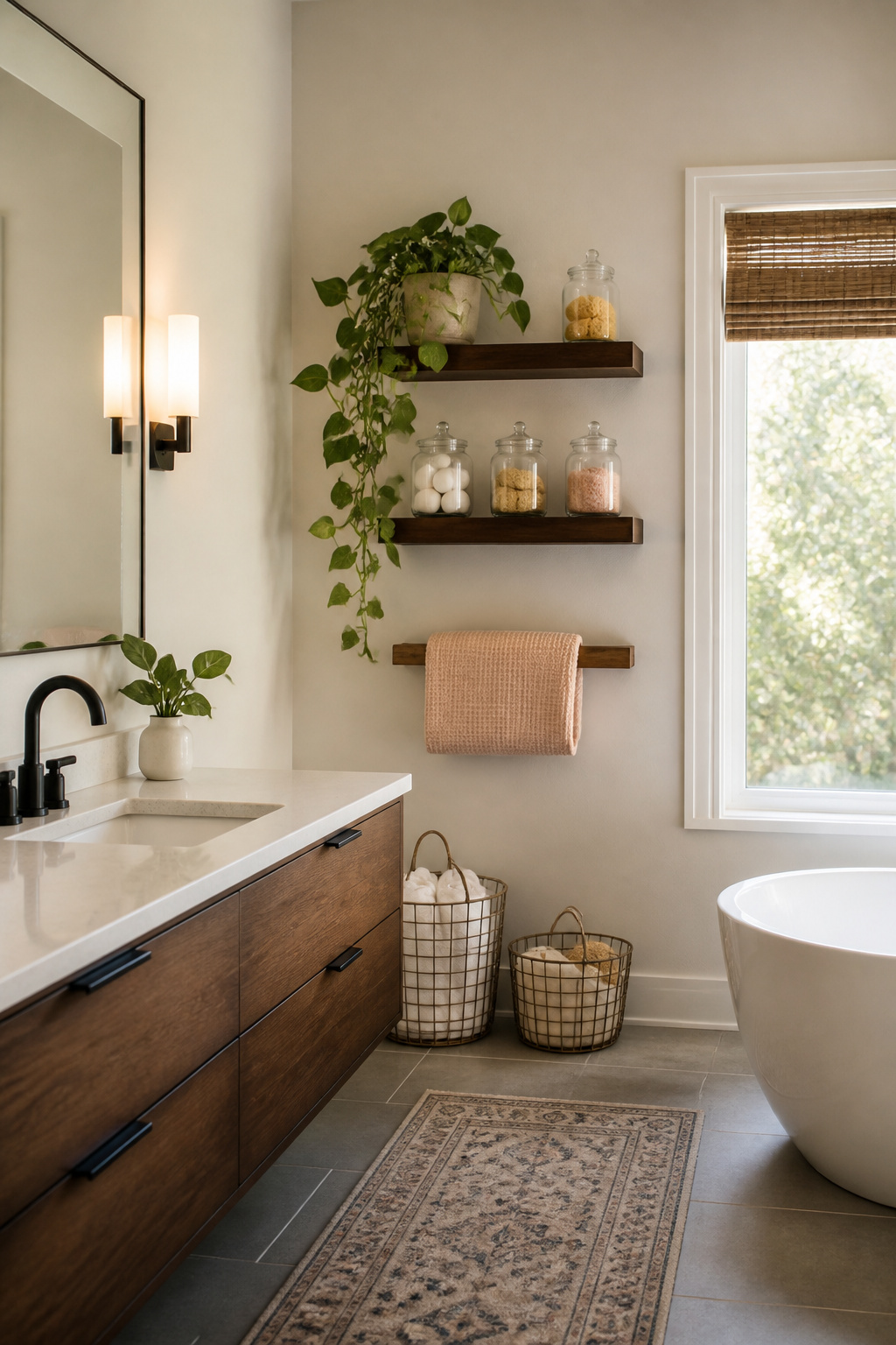 Floating shelves with plants and jars above a toilet.