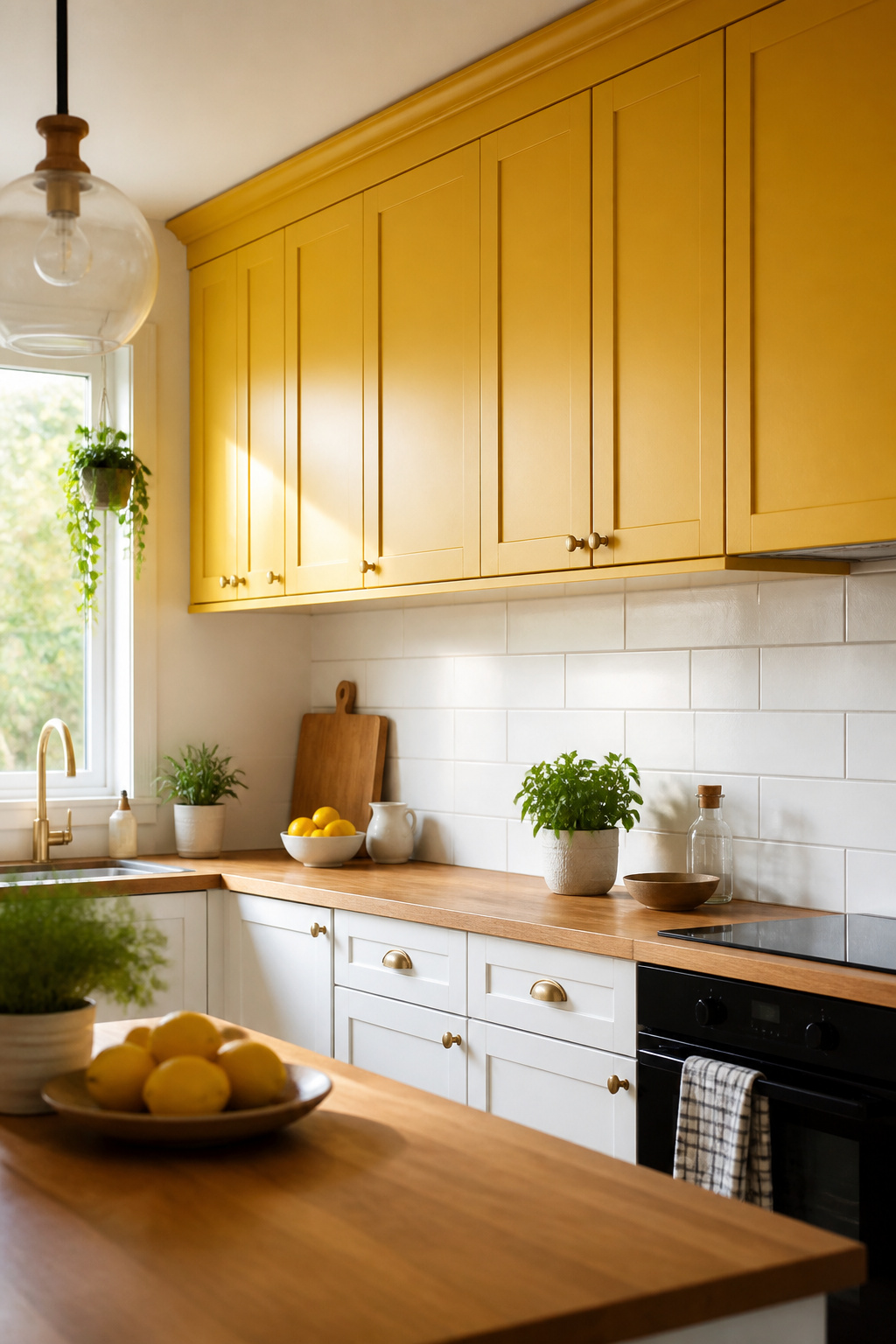 20 Upper Kitchen Cabinet Ideas: Color, Style & Storage for 2026 2 Upper cabinets painted bright yellow with white lower cabinets.