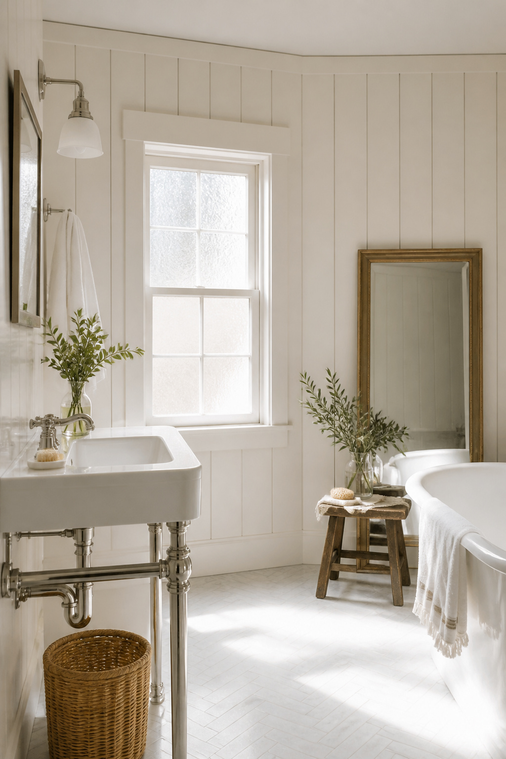5 Martha Stewart Bathroom Ideas That Balance Clean Style With Personality 2 All-white bathroom with textured wood paneling and silver fixtures.