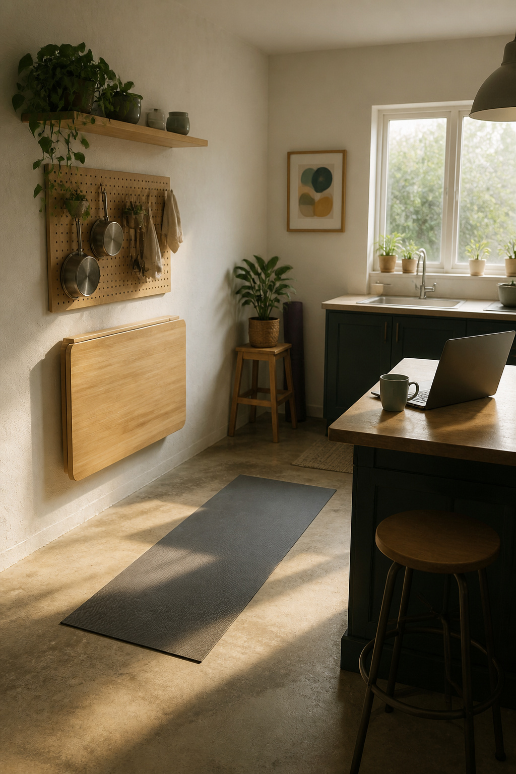 A wall-mounted drop-leaf table in a kitchen used for multiple purposes.