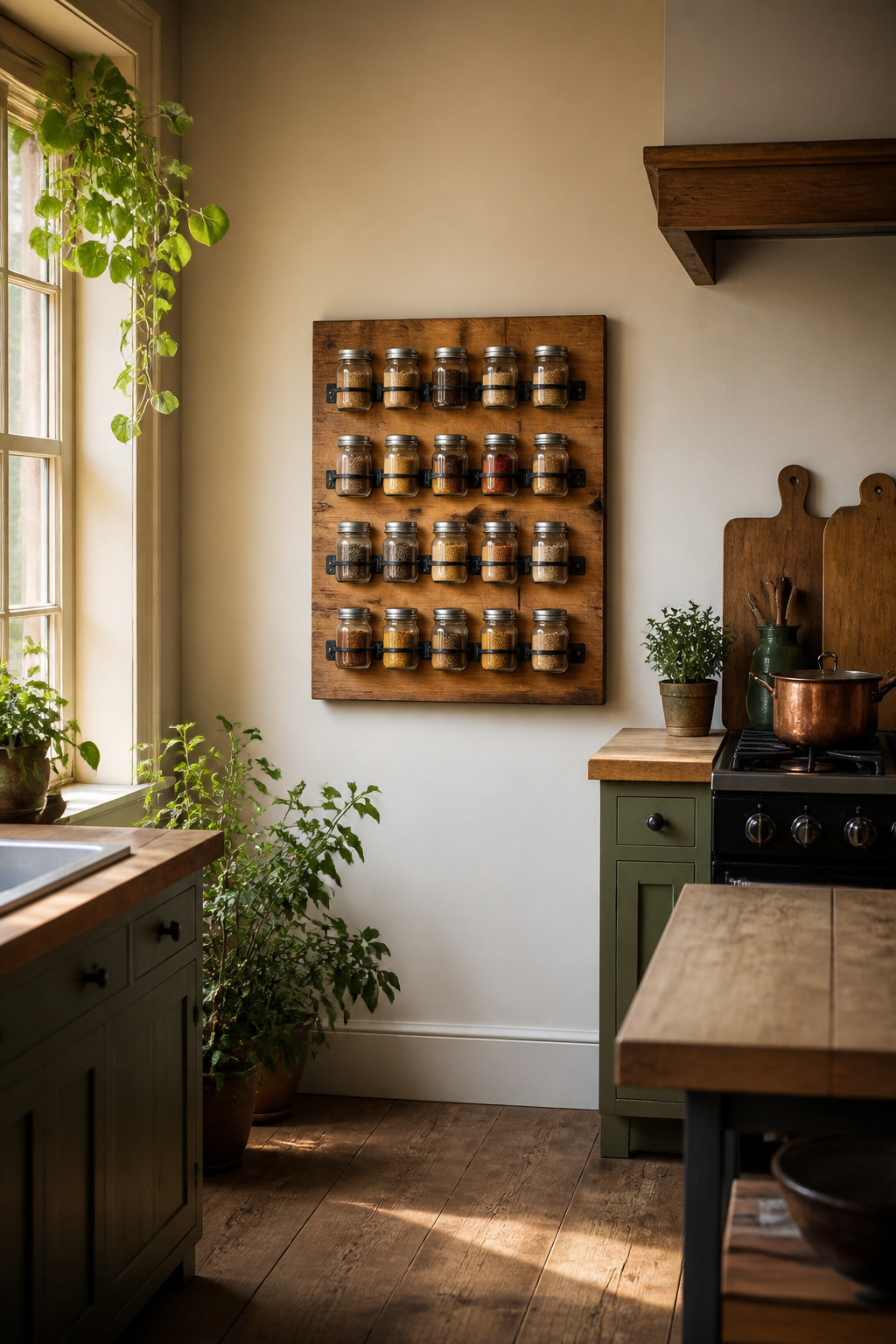 12 Kitchen Spice Rack Ideas to Organize Your Counter or Wall (2026) 2 A wooden hanging spice board with jars mounted on a wall.