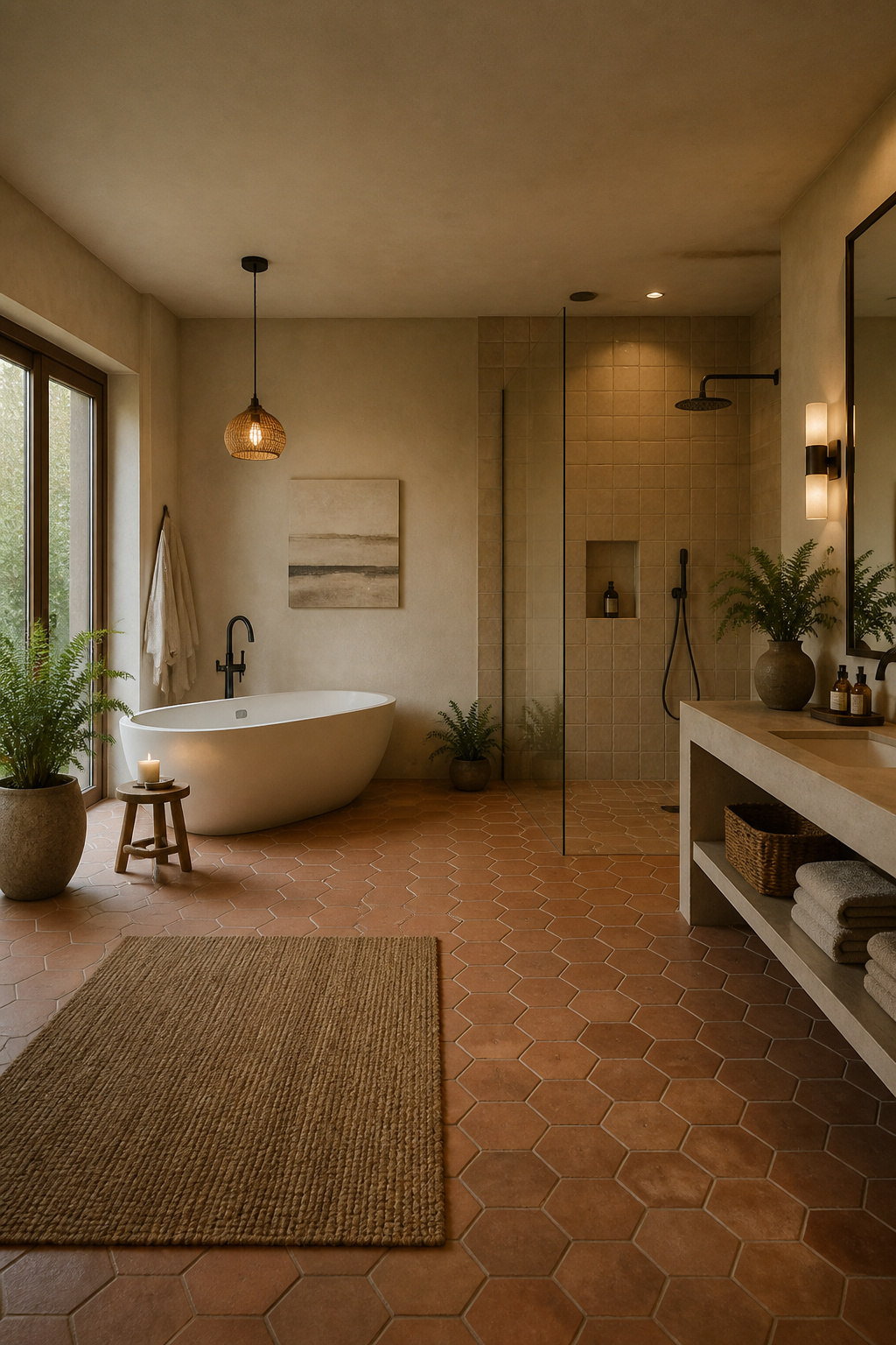 A gray and white bathroom with a freestanding soaking tub and walk-in shower.