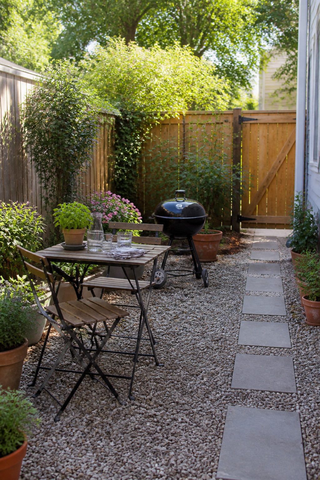 12 Small Backyard Ideas to Stretch Every Square Foot in 2026 2 Small backyard with a folding table, grill, and colorful flowers.