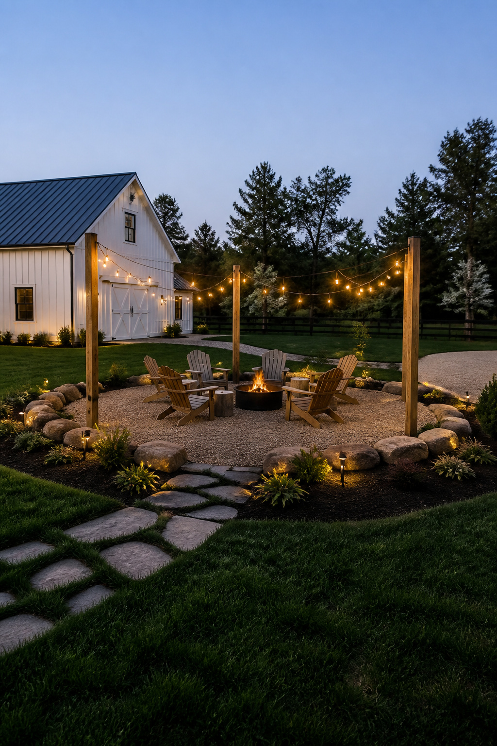 10 Farmhouse Outdoor Ideas for Backyards and Patios in 2026 2 Gravel fire pit area with Adirondack chairs and surrounding greenery.