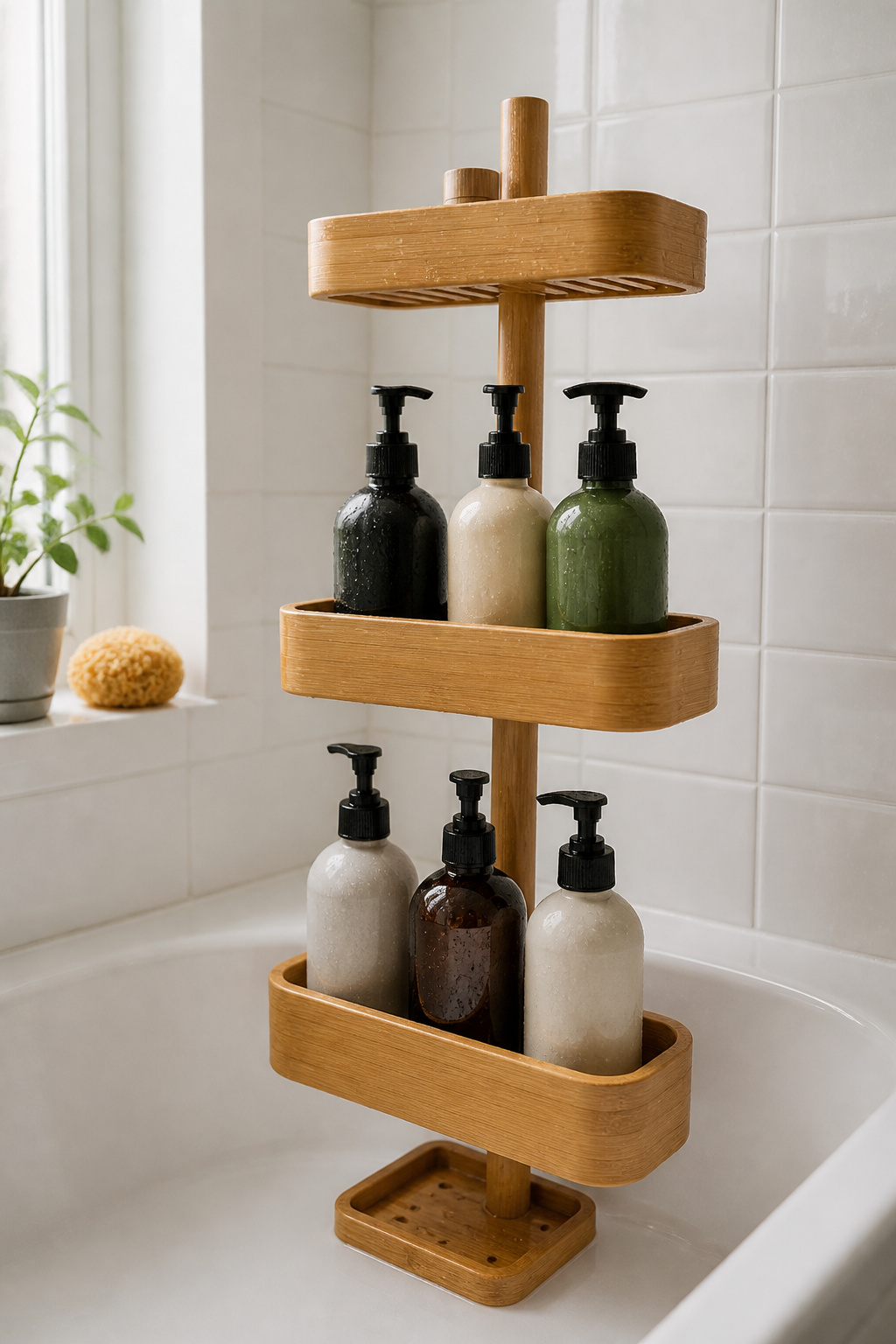 A bamboo shower caddy holding various bath products in a shower space.