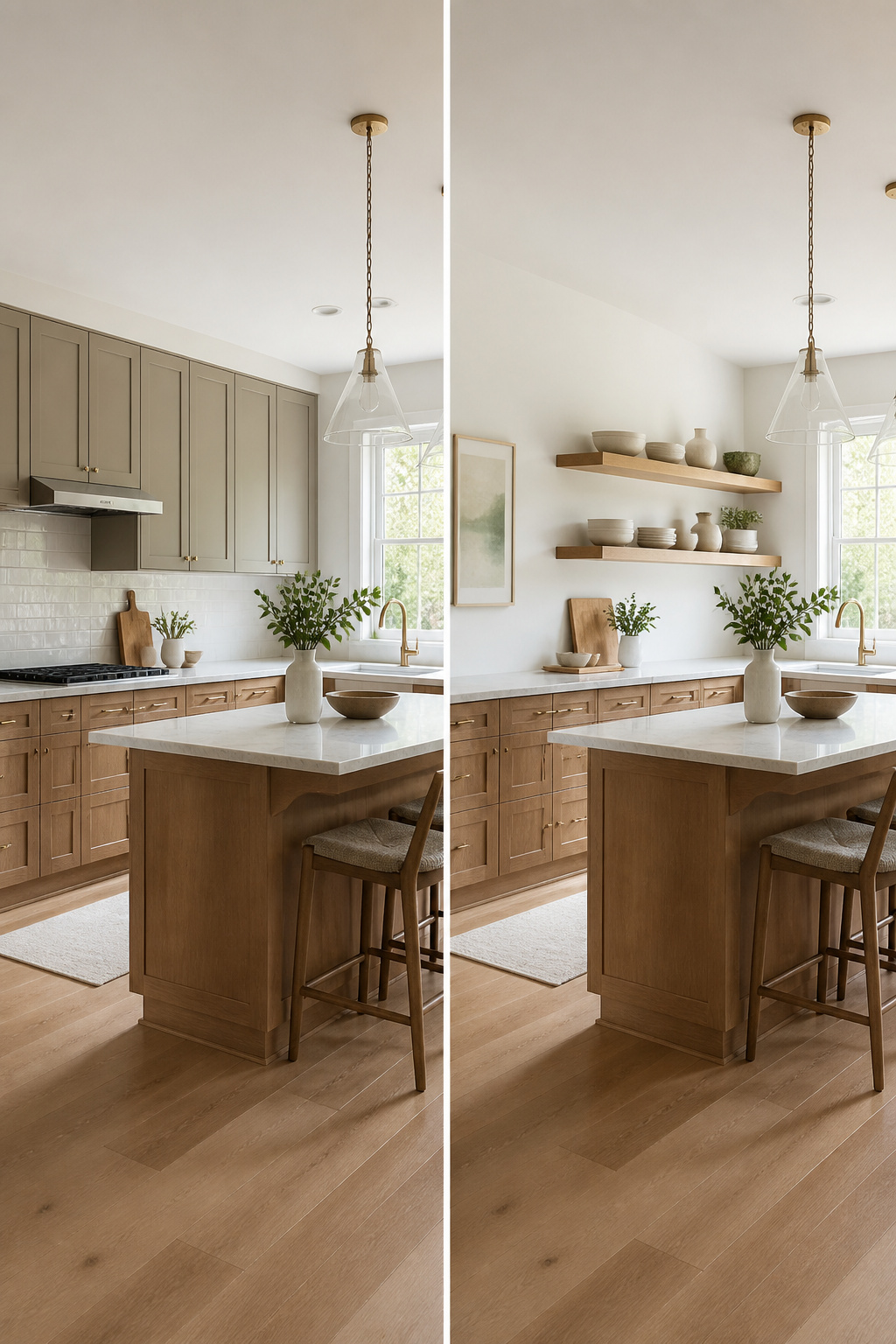 20 Convenient Kitchen Ideas for a Smarter 2026 Remodel 11 Kitchen without upper cabinets, featuring floating shelves instead.