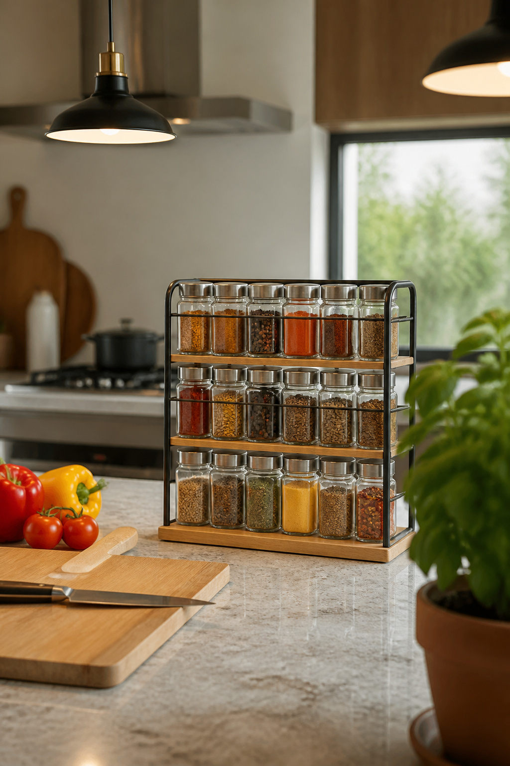 12 Kitchen Spice Rack Ideas to Organize Your Counter or Wall (2026) 11 A small spice rack on a kitchen island with colorful spice jars.