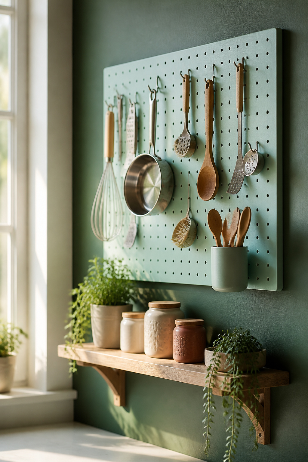 A pegboard displaying various kitchen tools and utensils.