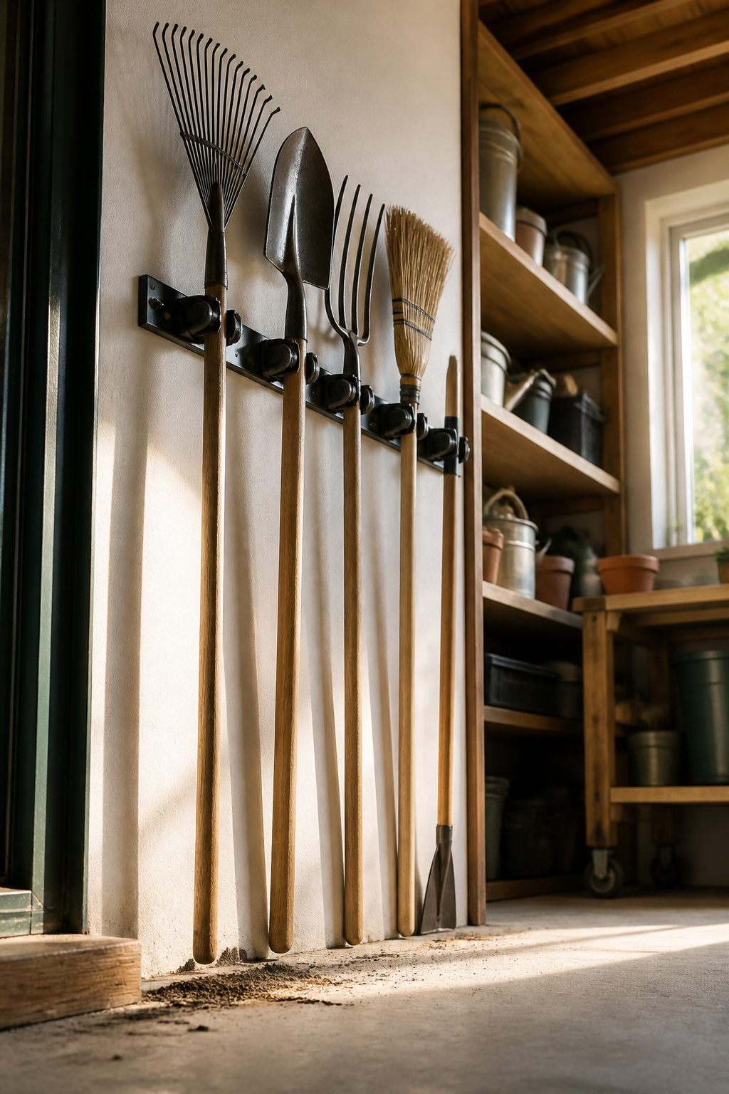A wall-mounted holder with spring-loaded grips for storing garden tools.