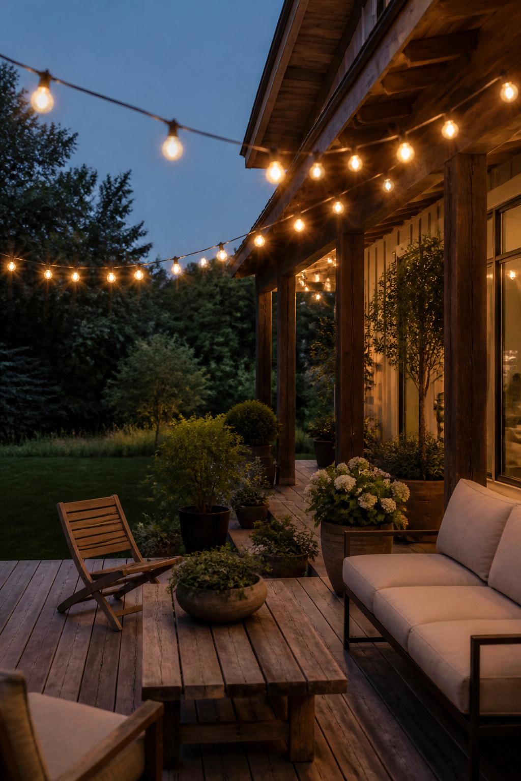10 Farmhouse Outdoor Ideas for Backyards and Patios in 2026 11 String lights hanging above an outdoor patio area.