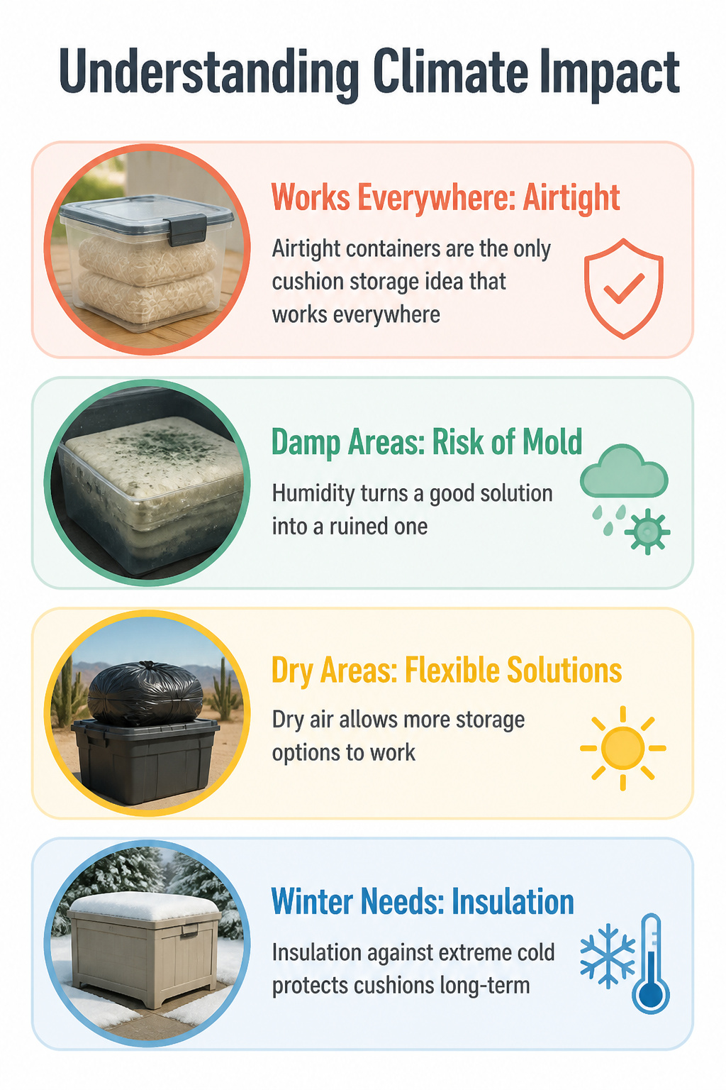 Cushion Storage Ideas: Sheds, Benches, Deck Boxes and More (2026) 11 Understanding climate impact on cushion storage with airtight containers.