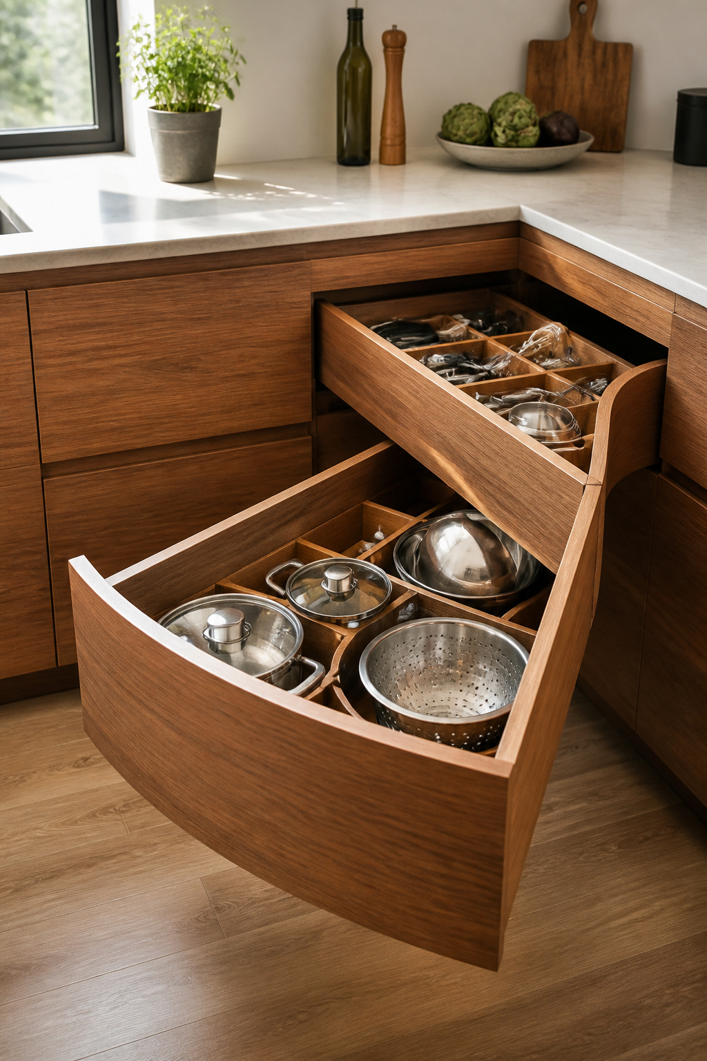 15 Kitchen Cabinet Drawer Ideas for 2026 11 Angled corner drawer designed for easy access to cookware.