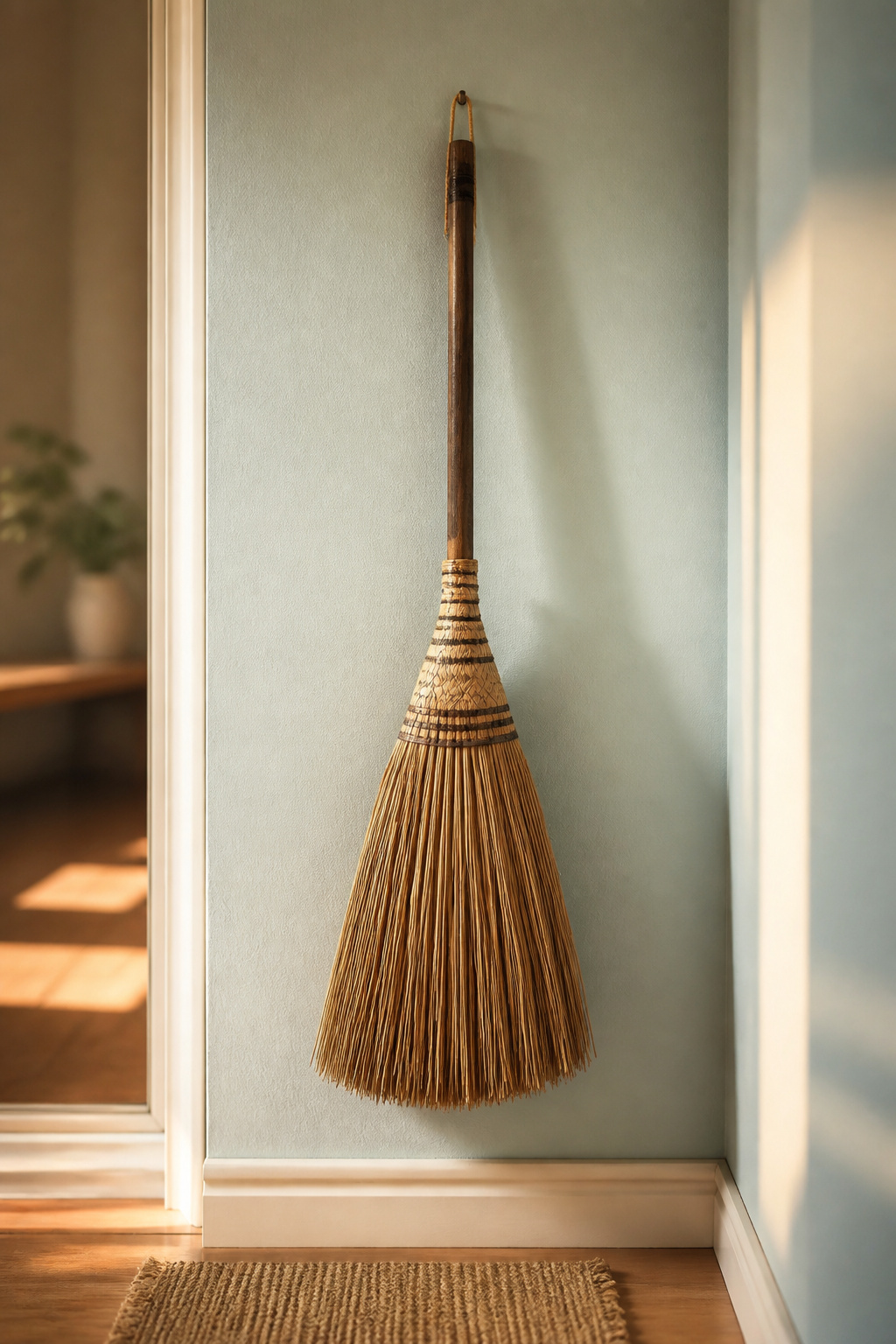 Decorative brooms displayed against a soft wall color.