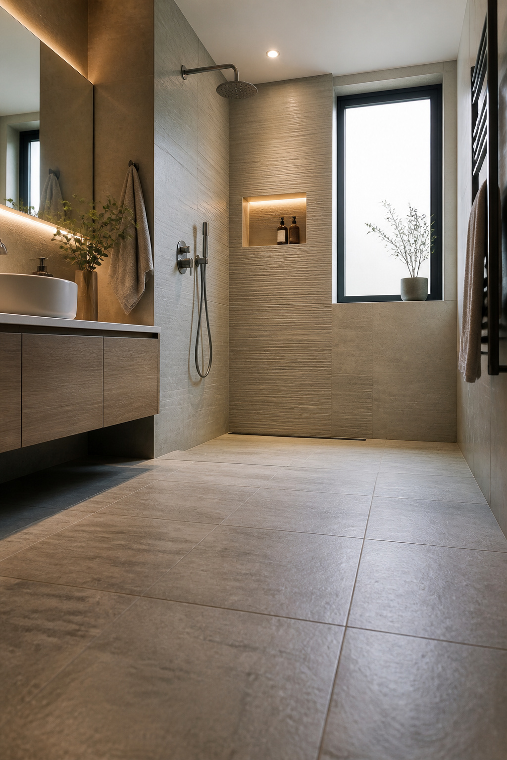 A bathroom with a curbless walk-in shower and linear drain.