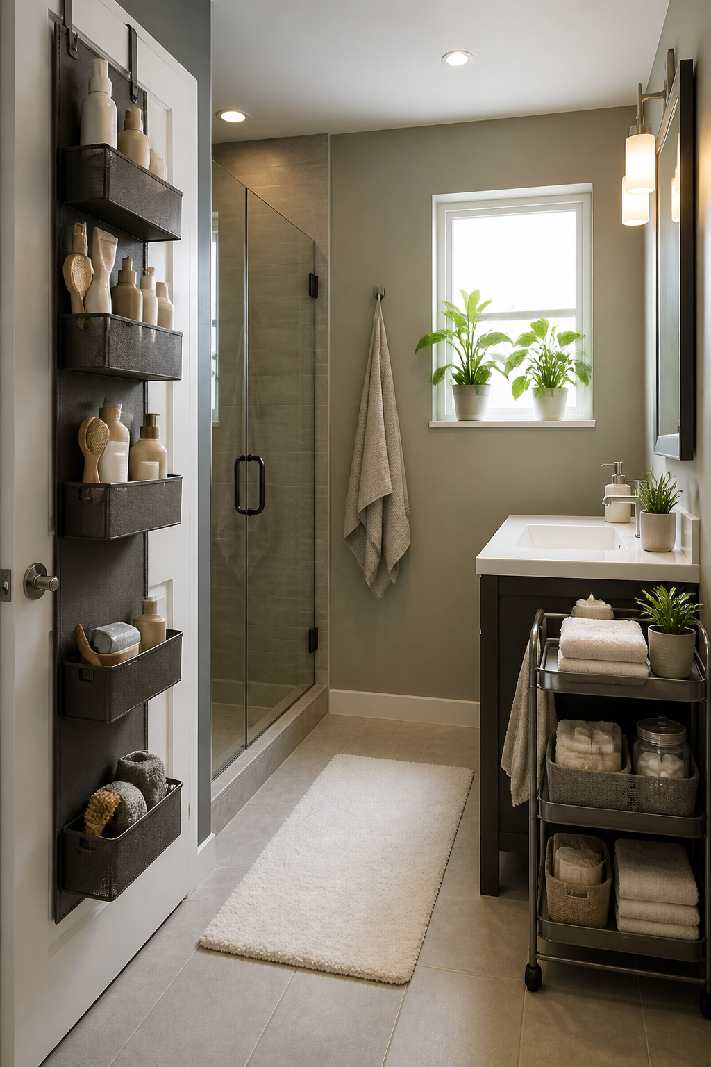 An over-the-door organizer with beauty products in a bathroom.