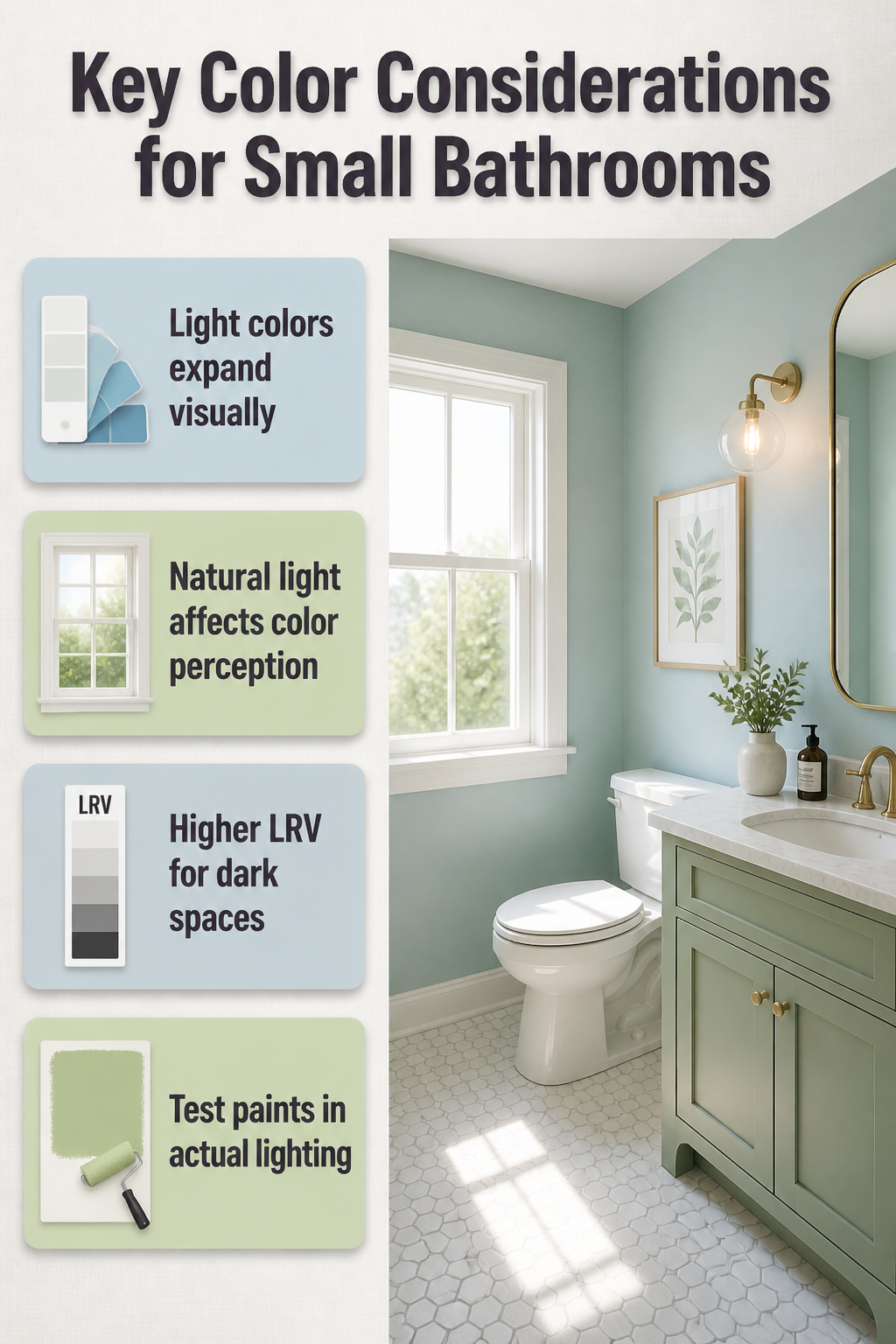 9 Paint Ideas for Small Bathrooms to Make the Room Feel Bigger (2026) 11 An information image about color considerations for small bathrooms.