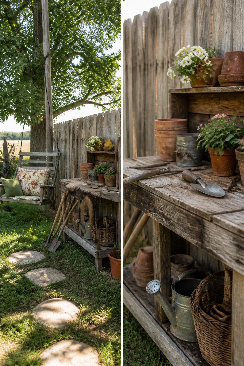 10 Farmhouse Outdoor Ideas for Backyards and Patios in 2026 12 Potting bench made from a barn door against a fence.