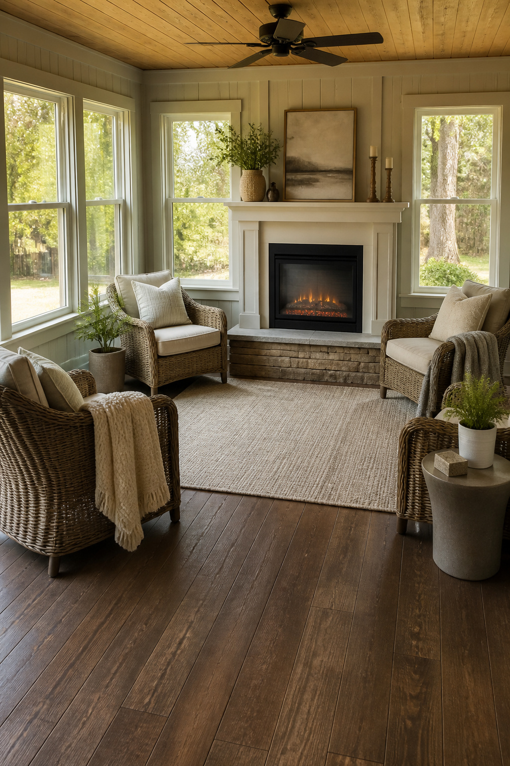 A freestanding electric fireplace in an enclosed porch setting.