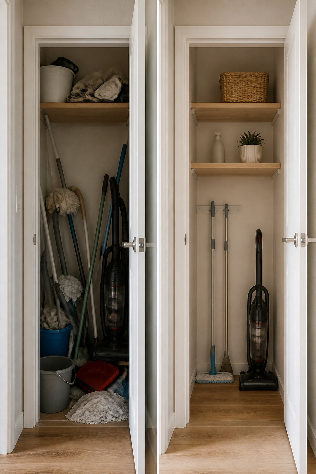 A cluttered broom closet with various cleaning tools and supplies.