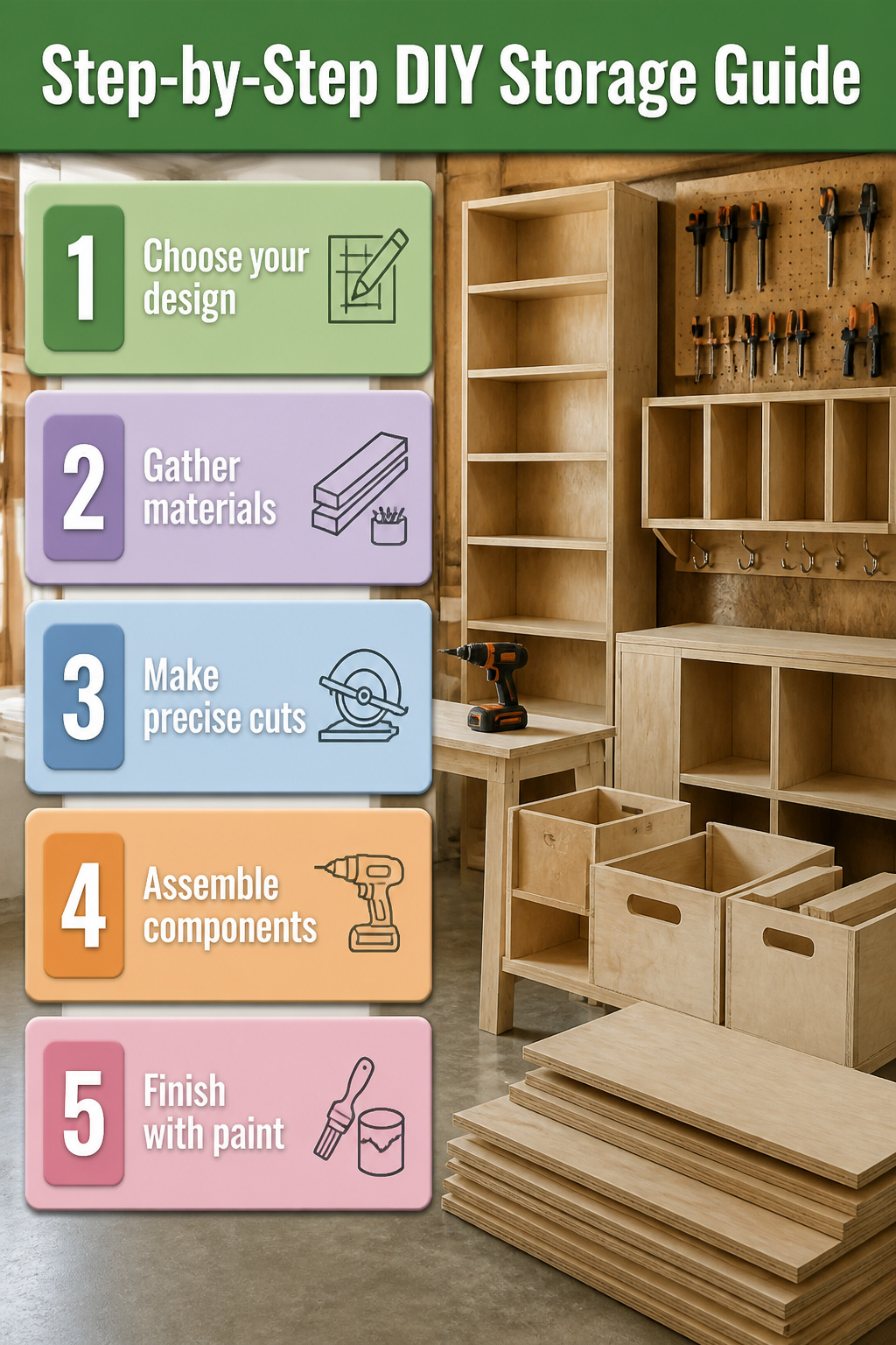 Unfinished DIY storage projects made from plywood in a garage.