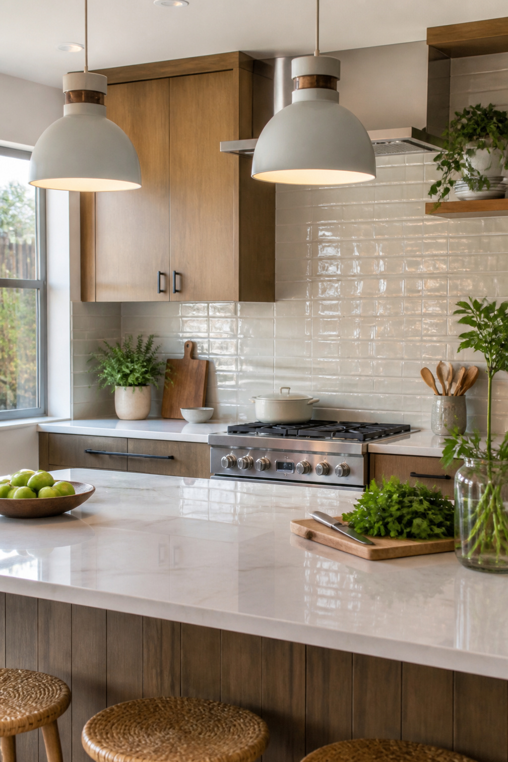 20 Convenient Kitchen Ideas for a Smarter 2026 Remodel 12 High-gloss tile backsplash reflecting light in a modern kitchen.