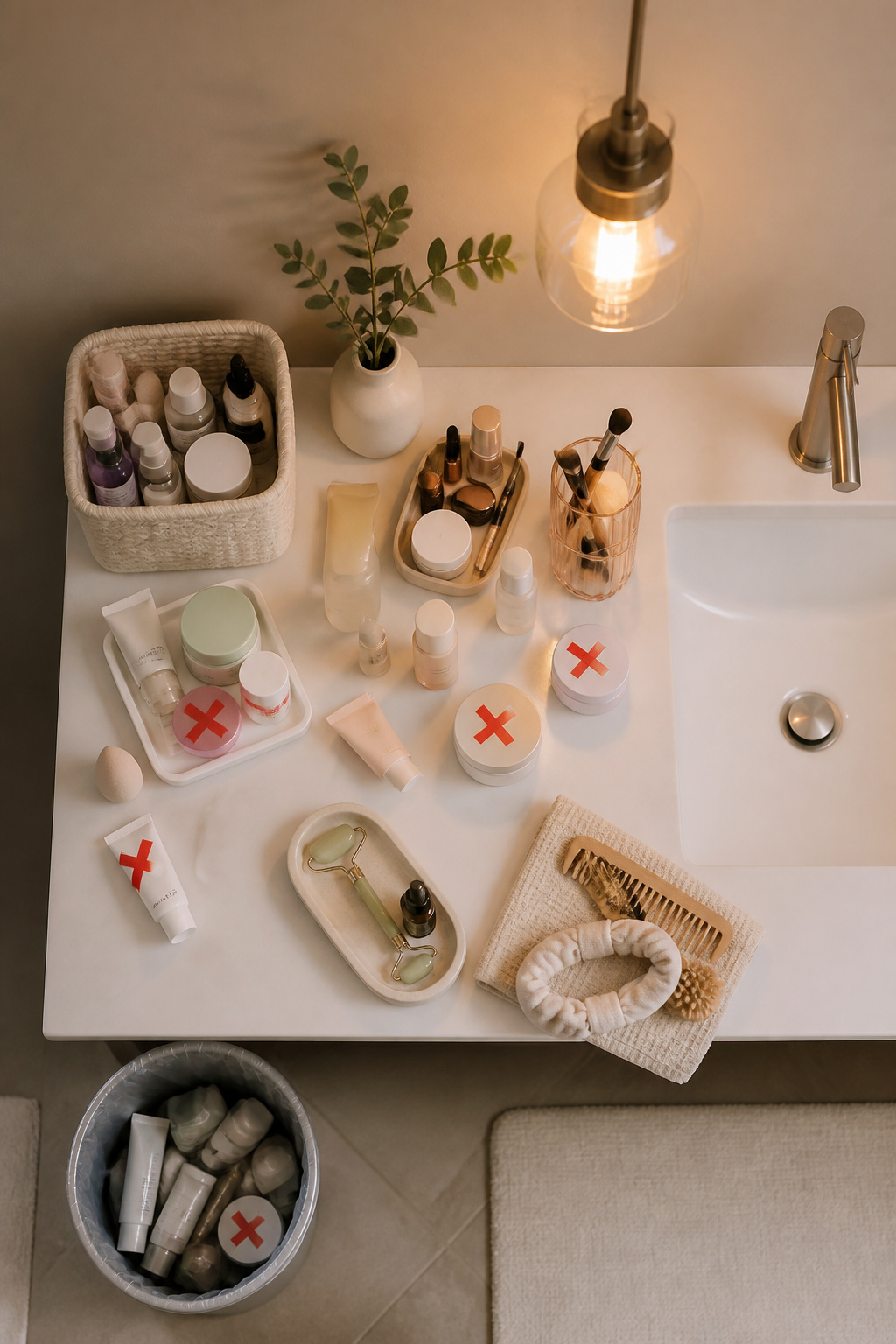 A messy bathroom cupboard filled with various toiletries and products.