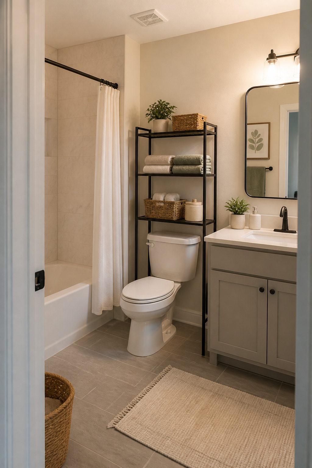Metal rack for storage positioned over a toilet.