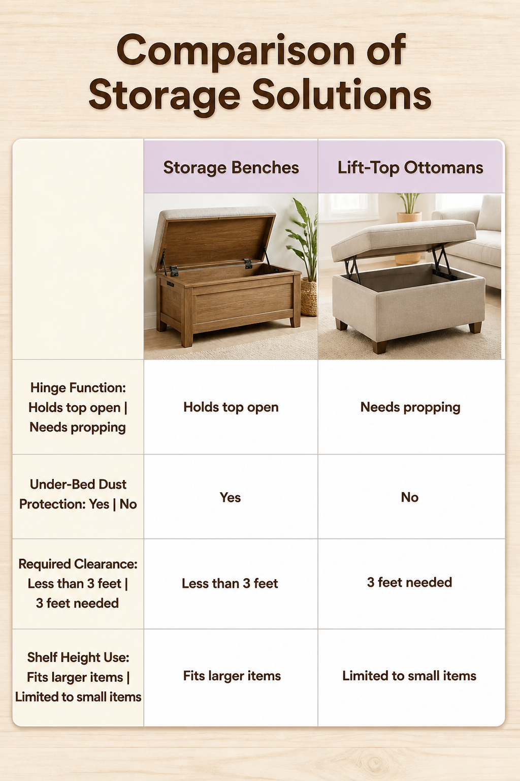 Lift-top ottoman and storage benches with compartments.