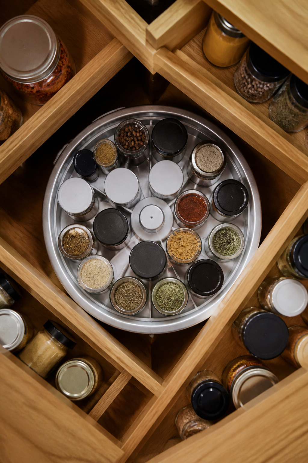 12 Kitchen Spice Rack Ideas to Organize Your Counter or Wall (2026) 12 A circular lazy Susan spice rack holding various spice jars.