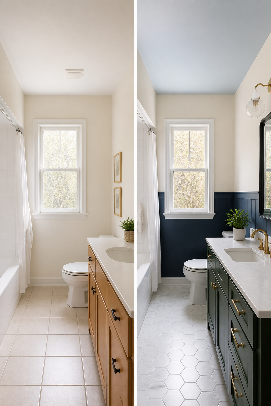9 Paint Ideas for Small Bathrooms to Make the Room Feel Bigger (2026) 12 An image showing different ceiling colors in a small bathroom.