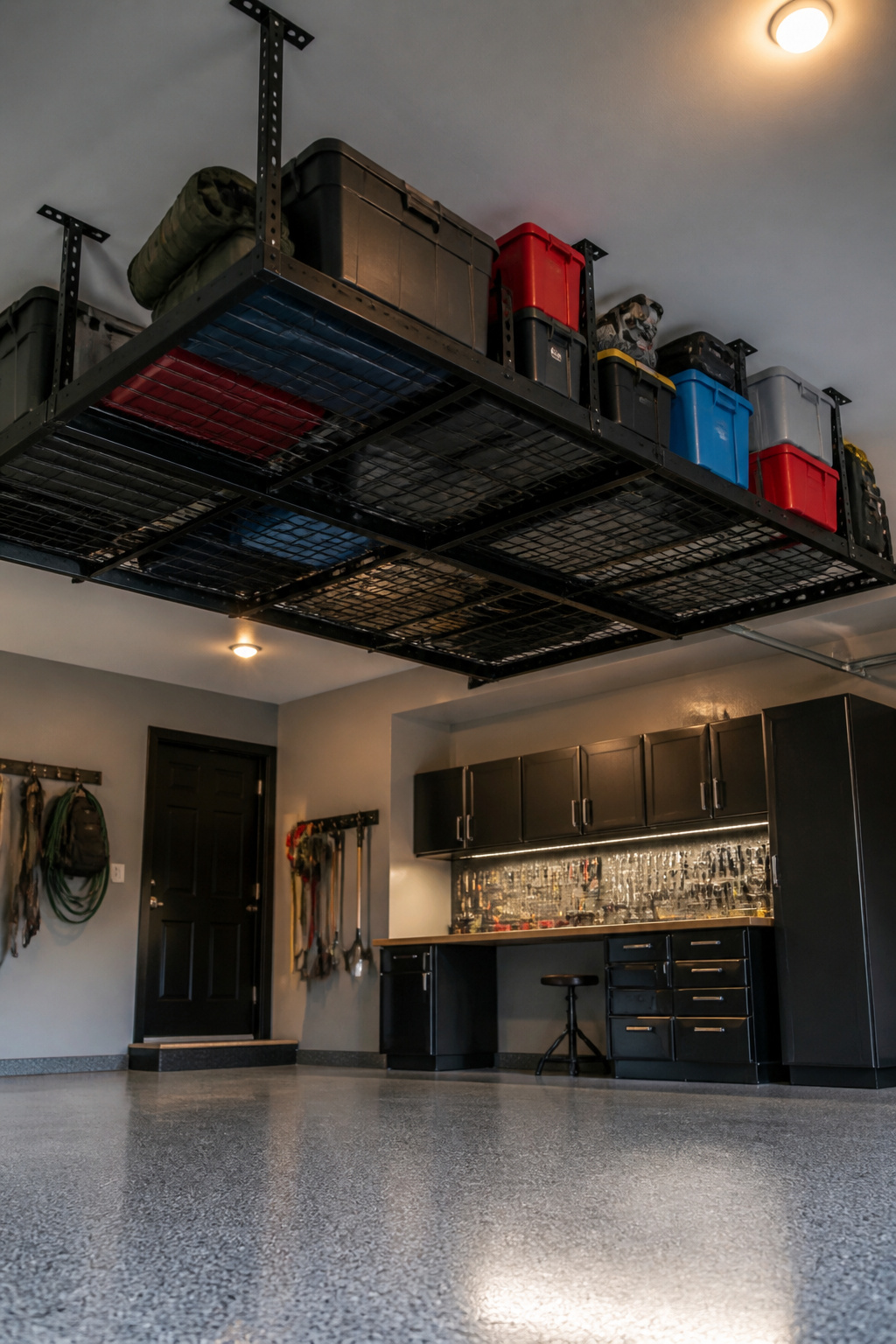Heavy-duty overhead storage racks mounted on a garage ceiling.