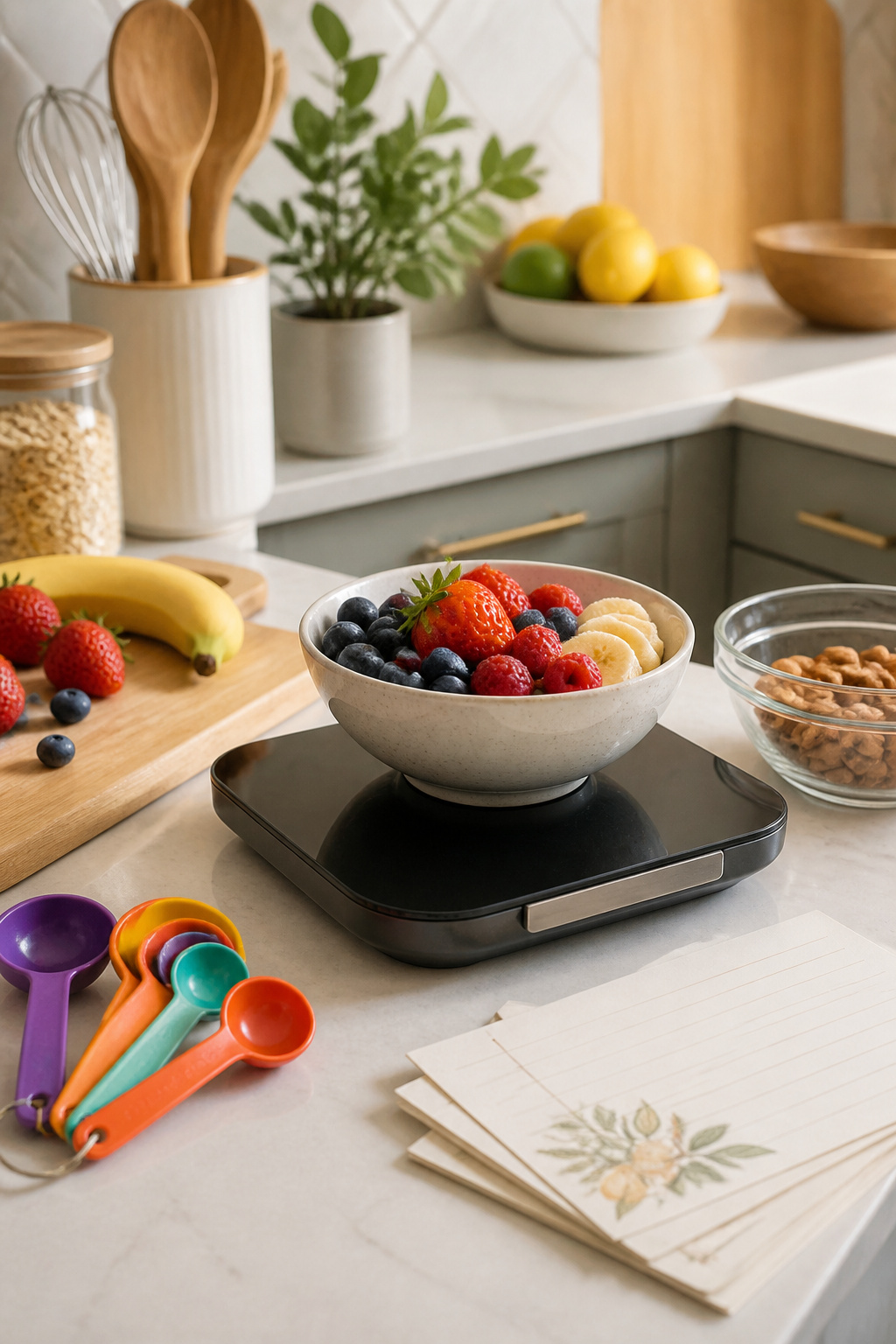 15 Smart Kitchen Design Ideas That Add Real Function for 2026 12 A Bluetooth food scale on a kitchen countertop with fresh ingredients.