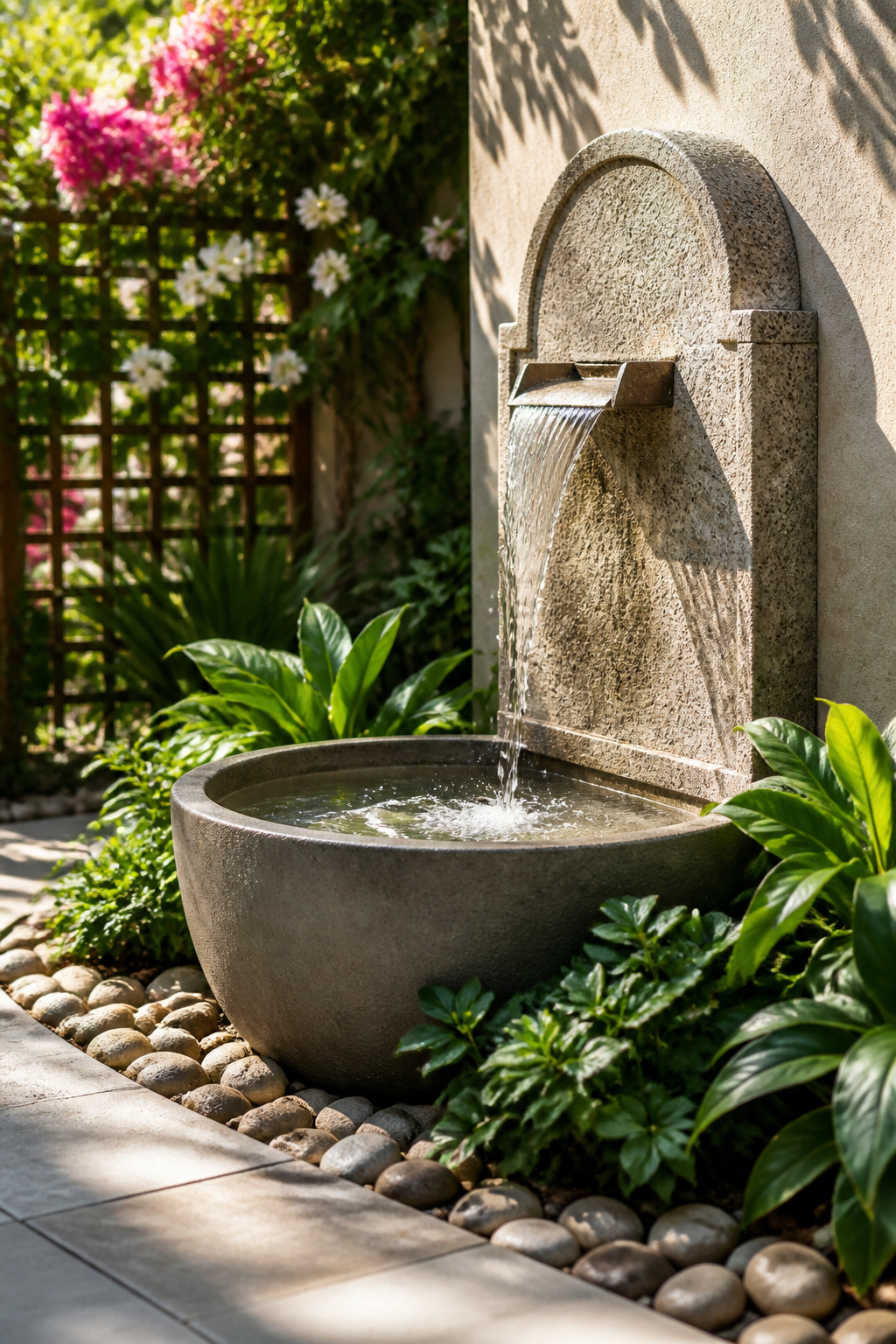 12 Small Backyard Ideas to Stretch Every Square Foot in 2026 12 Wall-mounted water feature in a small backyard.