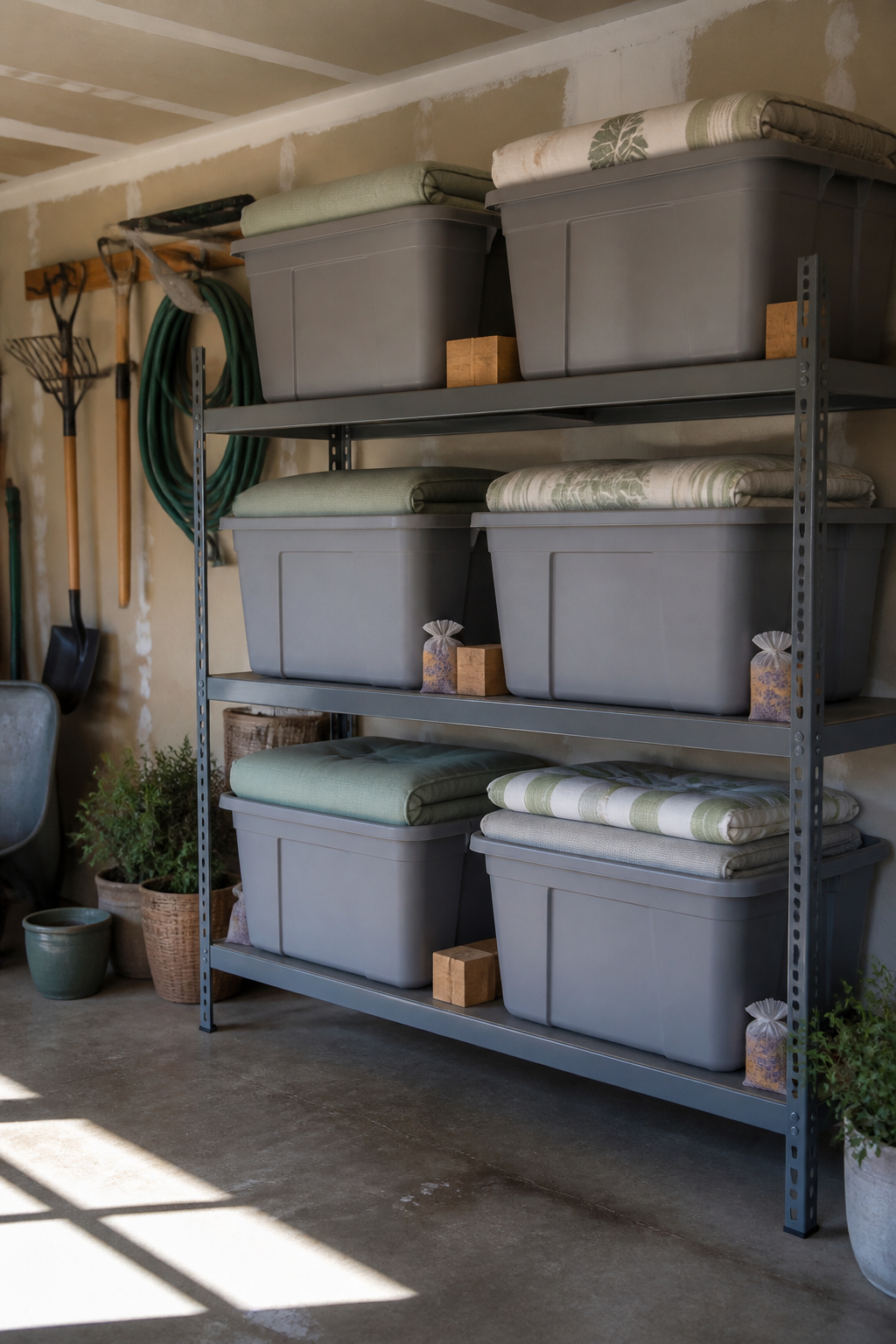 Cushion Storage Ideas: Sheds, Benches, Deck Boxes and More (2026) 12 Sturdy plastic totes with secure lids on metal garage shelving.