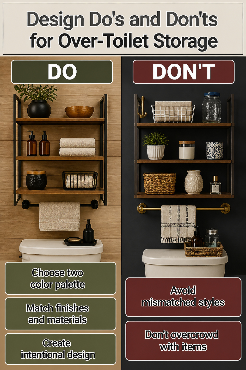 Coordinated decorative items above a toilet.