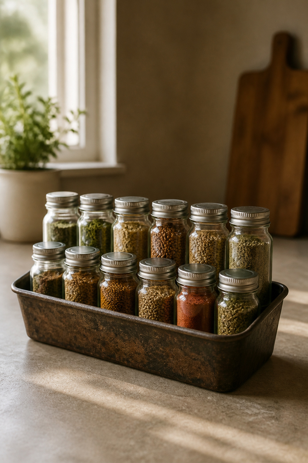 12 Kitchen Spice Rack Ideas to Organize Your Counter or Wall (2026) 13 A vintage bread pan holding spice jars on a kitchen counter.