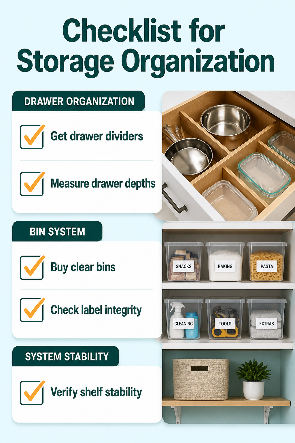 Clear storage bins and dividers in a tidy drawer.