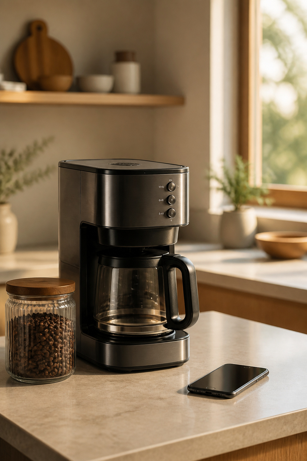 15 Smart Kitchen Design Ideas That Add Real Function for 2026 13 A smart coffee maker ready to brew on a kitchen counter.
