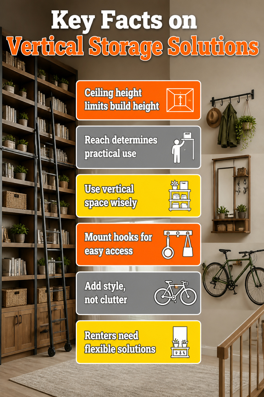 Wall-mounted shelves and hooks used for various storage solutions.