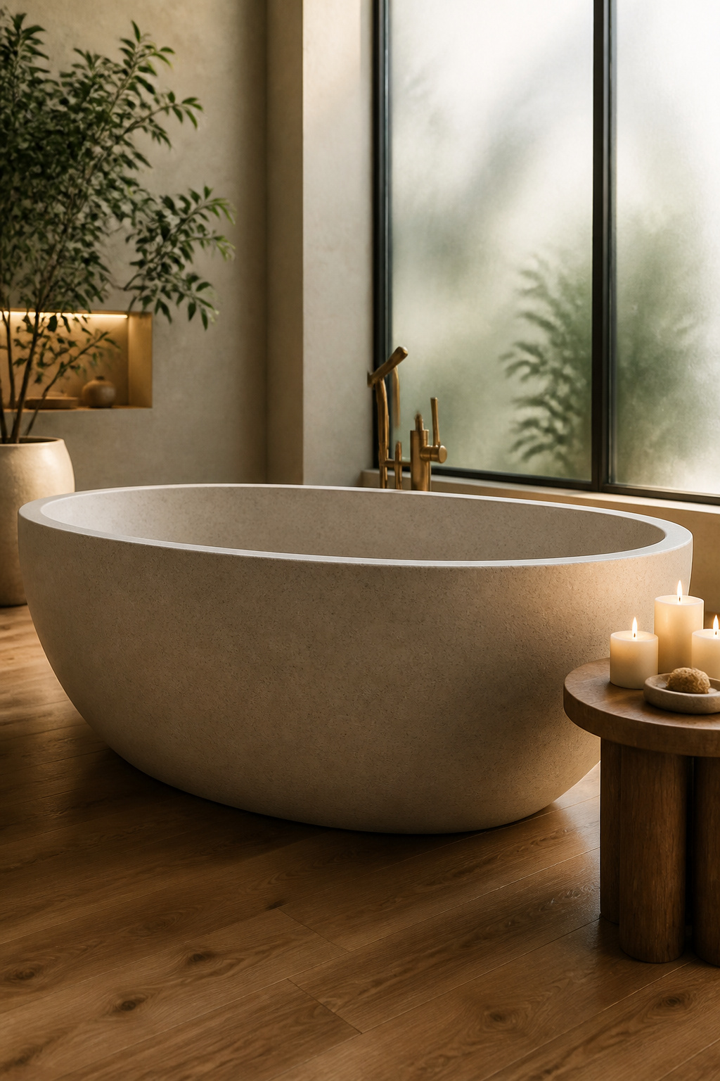 A bright bathroom featuring a sculptural freestanding soaking tub.