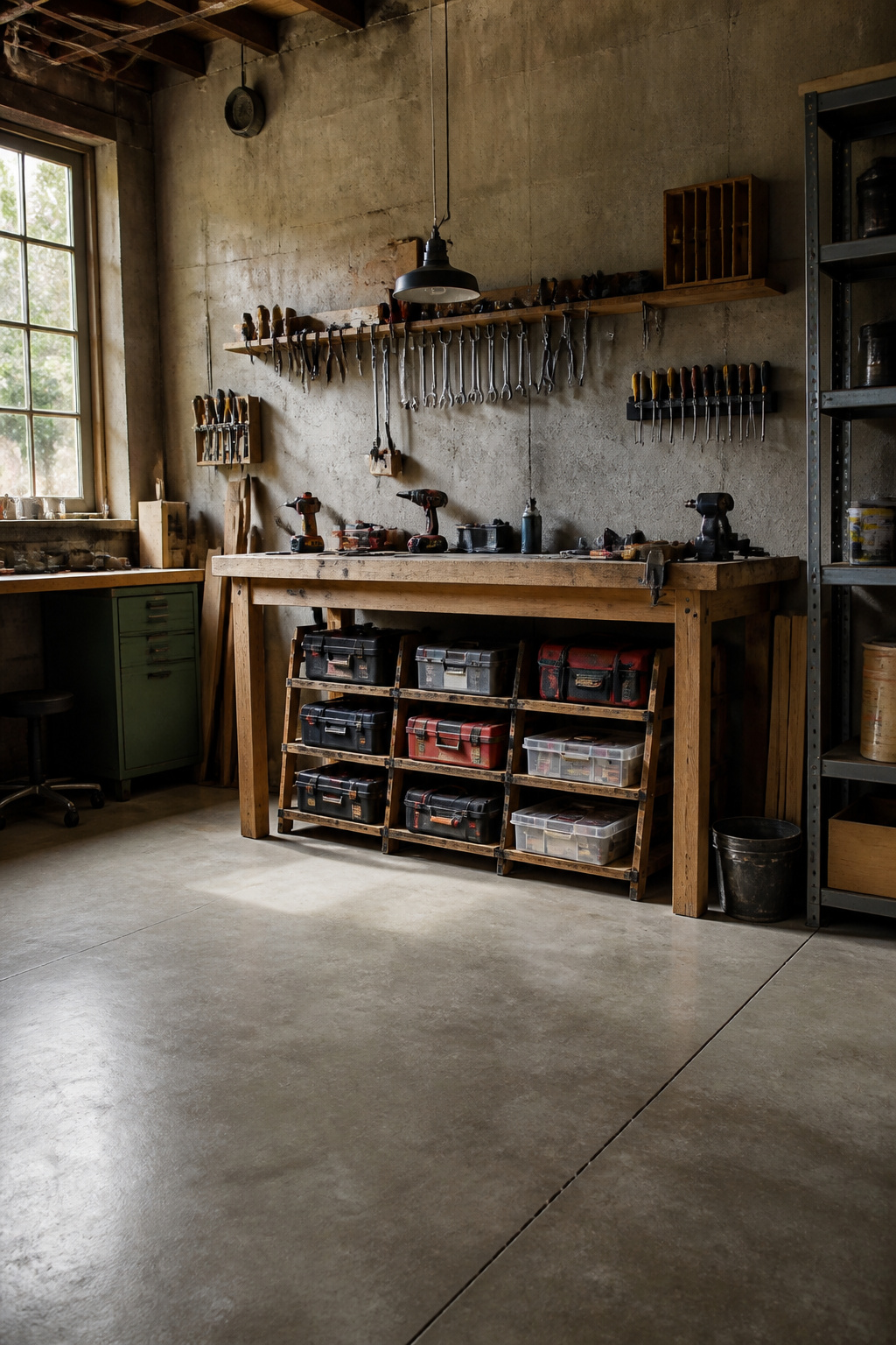 Bamboo shoe racks placed under workshop shelves for tool storage.