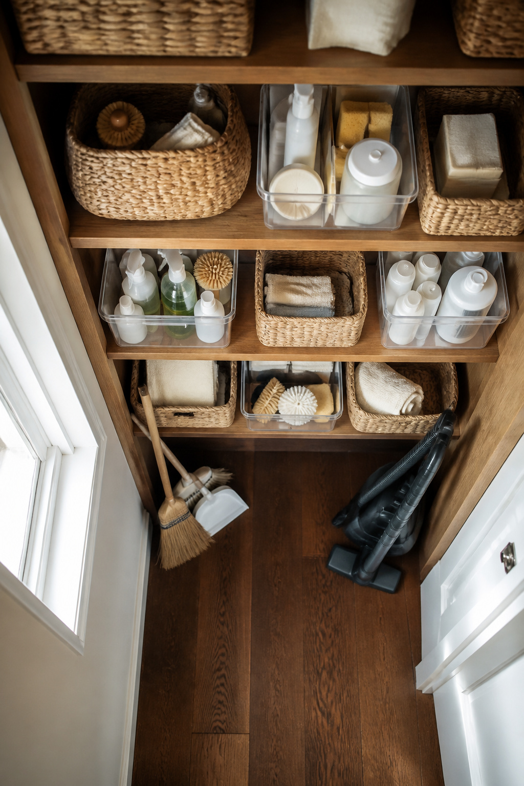 Clear bins and woven baskets neatly arranged on shelves.