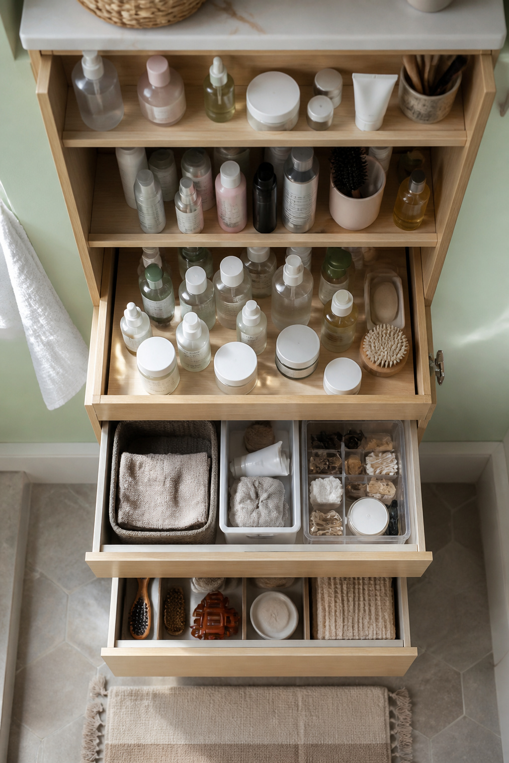 A bathroom cabinet organized into zones for different categories of items.