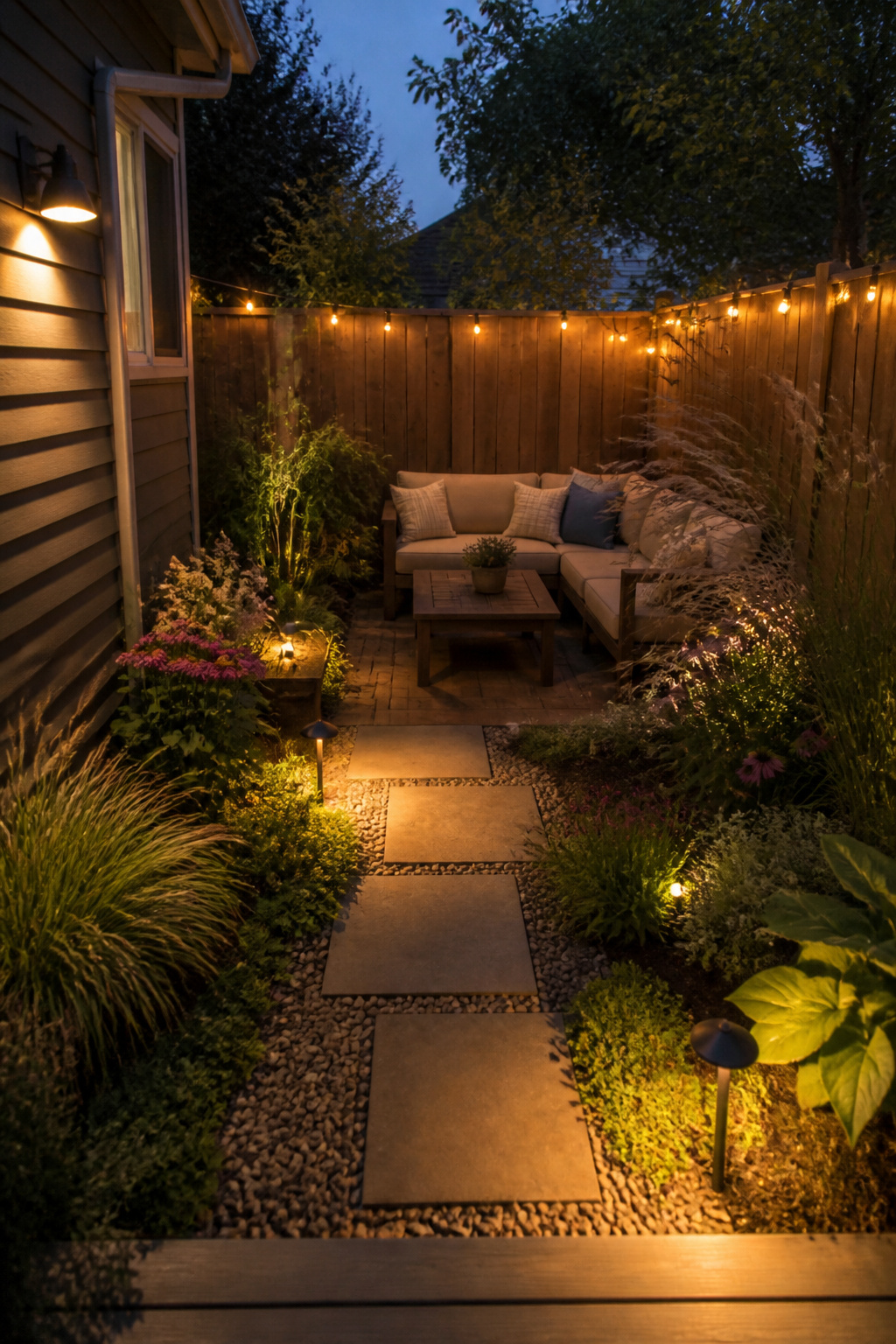 12 Small Backyard Ideas to Stretch Every Square Foot in 2026 13 Soft lighting from path lights and string lights in a backyard.