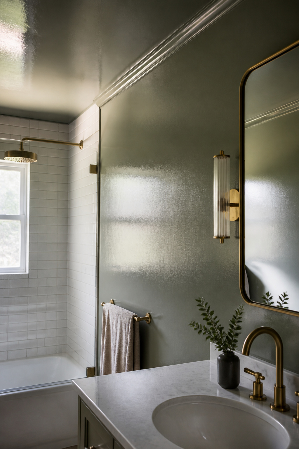 9 Paint Ideas for Small Bathrooms to Make the Room Feel Bigger (2026) 13 A close-up view of satin finish paint on bathroom walls.