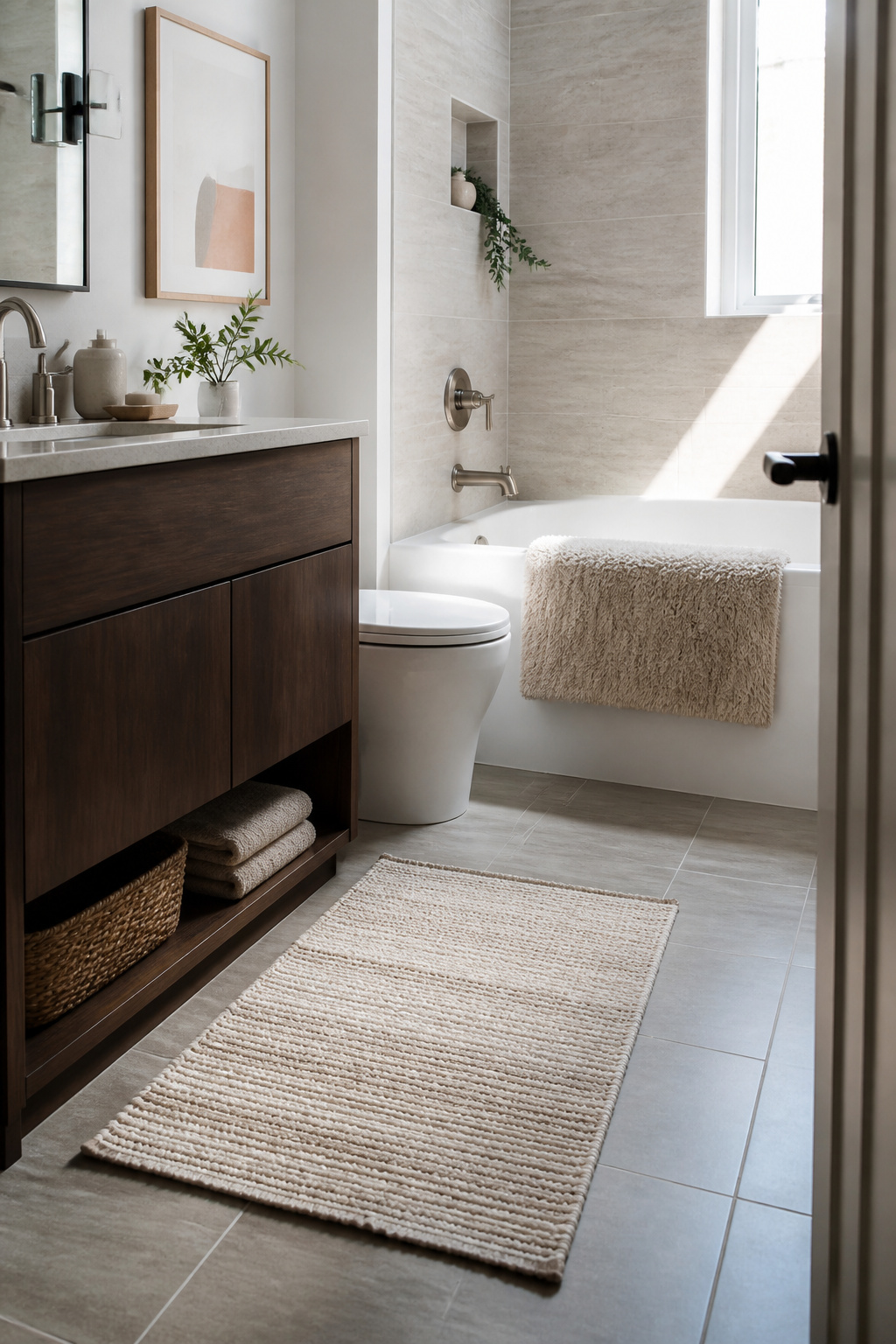 Woven and high-pile mats in a bathroom.